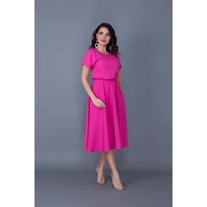 Fuşya Beli Lastikli Cepli Yarasa Kol Midi Boy Elbise