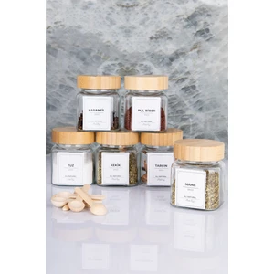 Moda Ozy Etiketli Bambu Kapaklı 300 ml 6 Adet Kavanoz ve 6 Adet Mini Baharat Kaşığı - 12 Parça Baharat Seti