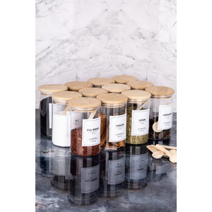 Moda Ozy 12'li Etiketli 250 ml Bambu Vakum Kapaklı Borosilikat Cam Baharatlık Saklama Kabı Seti(Kaşık Dahil)