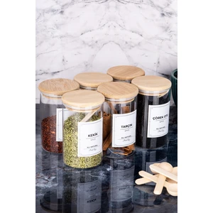 Moda Ozy 6'lı 250 ml Bambu  Vakum Kapaklı Kaşıklı Borosilikat Baharat Takımı (Etiket Hediyeli)