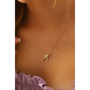 Moom Mücevherat 14 Ayar Altın Kolye Pilot Hostes Uçak Altın Kolye 45 cm Uzunluk