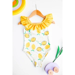 Miss Kids Kız Çocuk Limon Baskılı Mayo Fırfırlı Arkası Çapraz