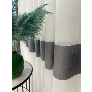 Ekru Renk Gri Bantlı Keten Görünümlü 1/3 Sık Pile Tül Perde