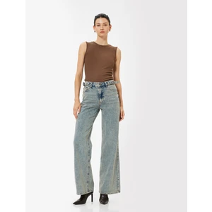 Standart Bel Kot Pantolon Geniş Paça Düğmeli Cepli Pamuklu - Wide Leg Jeans