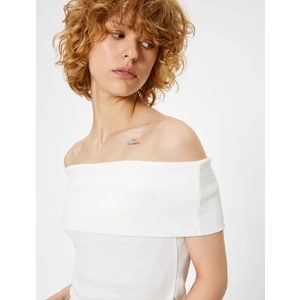 Madonna Yaka Crop Bluz Kısa Kollu Bürümcük Dokulu Slim Fit