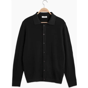 Erkek Siyah %100 Pamuk Waffle Gömlek Yaka Triko Hırka