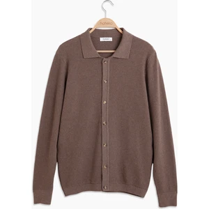 Erkek Açık Kahve %100 Pamuk Waffle Örgü Gömlek Yaka Triko Hırka