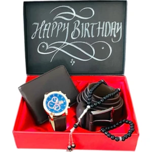 Erkek Kol Saati Kemer Cüzdan Tesbih ve Bileklik Kahverengi Hediye Seti