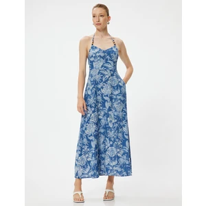 Çiçekli Boyundan Bağlamalı Elbise Midi Boy Keten Karışımlı Cepli