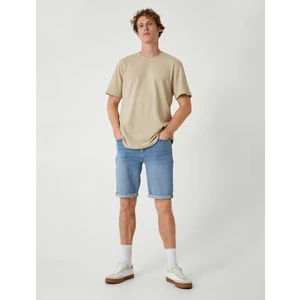 Slim Fit Kot Şort Cep Detaylı Katlamalı Paça Pamuklu