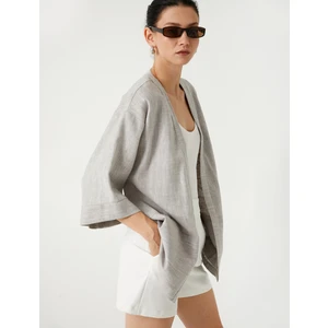 Keten Karışımlı Kimono Kısa Geniş Kol Cepli