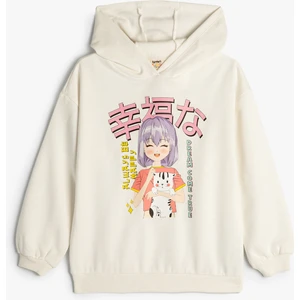 Kapşonlu Oversize Sweatshirt Anime Baskılı Uzun Kollu Şardonlu Pamuklu