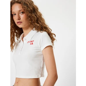 Crop Tişört Polo Yaka Düğmeli Kısa Kollu Kolej Işlemeli Slim Fit