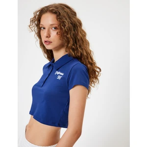 Crop Tişört Polo Yaka Düğmeli Kısa Kollu Kolej Işlemeli Slim Fit
