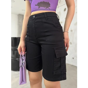 Kargo Cepli Yüksek Bel Esnek Bermuda Şort