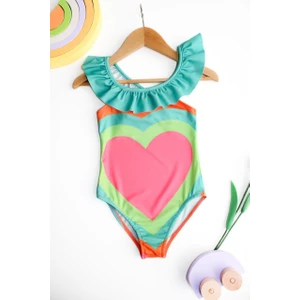 Miss Kids Yeni Sezon Kız Çocuk Renkli Kalpler Baskılı Neon Renkli Fırfırlı Yaka Arkası Çapraz Mayo