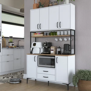 JE169 Çok Amaçlı Dolap Çekmeceli 6 Kapaklı Kiler Mutfak Dolabı Sepet Ceviz - Beyaz