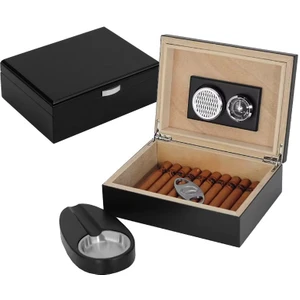Küçük Mat Siyah Humidor Puro Kutusu Küllük Makas Seti RD26