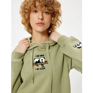 Oversize Kapüşonlu Sweatshirt Panda Işlemeli Kanguru Cepli