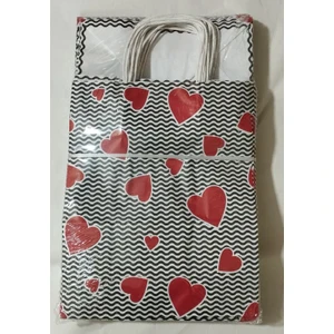 25X12X31 Burgu Saplı Dalgalı Kalp Desen Kraft Poşet - Çanta 25 Adet