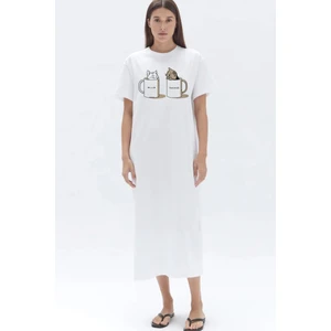 Sütlü Ve Sade Beyaz Bisiklet Yaka Kısa Kollu Penye Uzun Elbise