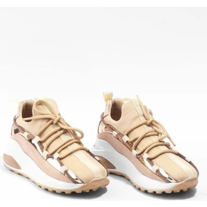 Kadın Bej İnce Şerit Taş Detaylı Sneaker