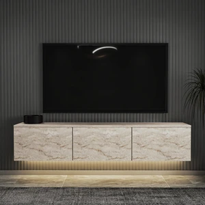 İnarch Dizayn Neon LED Işıklı Duvara Monte,3 Kapaklı Tv Ünitesi,tv Sehpası Traverten
