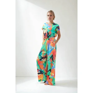 Beli Lastikli Desenli Bol Paça Pantolon