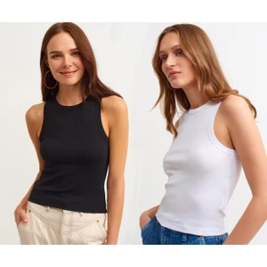Kadın 2'Li Paket Fitilli Halter Yaka Örme Atlet T-Shirt