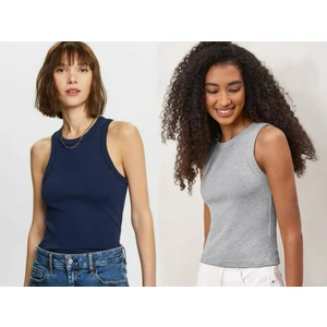 Kadın 2'Li Paket Fitilli Halter Yaka Örme Atlet T-Shirt