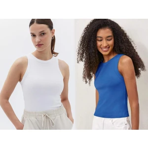 Kadın 2'Li Paket Fitilli Halter Yaka Örme Atlet T-Shirt