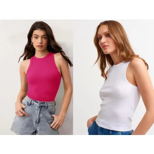 Kadın 2'Li Paket Fitilli Halter Yaka Örme Atlet T-Shirt