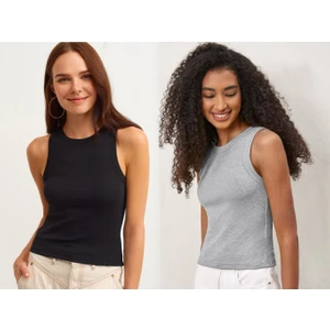 Kadın 2'Li Paket Fitilli Halter Yaka Örme Atlet T-Shirt