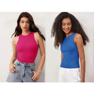 Kadın 2'Li Paket Fitilli Halter Yaka Örme Atlet T-Shirt