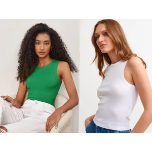 Kadın 2'Li Paket Fitilli Halter Yaka Örme Atlet T-Shirt