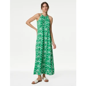 Marks & Spencer Halter Yaka Desenli Midi Keten Elbise