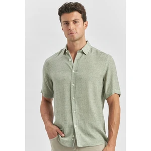 Koyu Yeşil Kısa Kollu Düğmeli Yaka Biyeli Keten Casual Slim Fit Dar Kesim Gömlek 1004240242