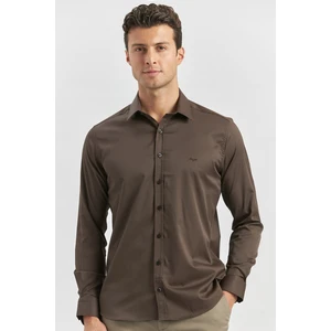 Koyu Kahverengi Uzun Kol Düz Bez Ayağı 032 Sert Yaka Classic Slim Fit Gömlek 1004240334