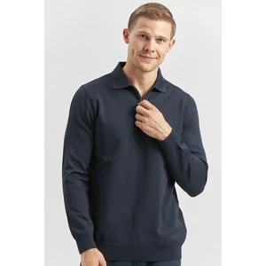 Koyu Lacivert Uzun Kollu Örme Polo Yaka Slim Fit Dar Kesim Triko 1012245150