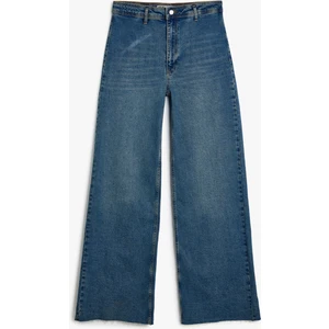 Geniş Paça Kot Pantolon Standart Bel Dar Kalıp Düğmeli Cepli Pamuklu - Wide Leg Jeans