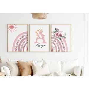 Efsa Sanat Tasarım Isme Özel Çerçeveli Çocuk Odası 3'lü Tablo Seti - Bebek Odası Tablosu - KB001