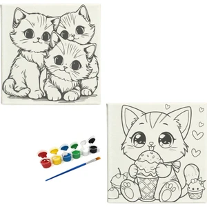 Dudu Ahşap Anaokulu İlkokul Etkinliği-2'li Tuval Boyama Seti. 20X20 cm Uv Baskı + 6 Akrilik Boya + 1 Fırça-Model-62