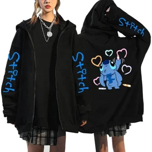 Touz Moda Stitch Baskılı Oversize Fermuarlı Siyah Kapüşonlu Hırka