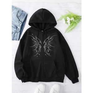 Touz Moda Gothic Heart Baskılı Oversize Fermuarlı Siyah Kapüşonlu Hırka