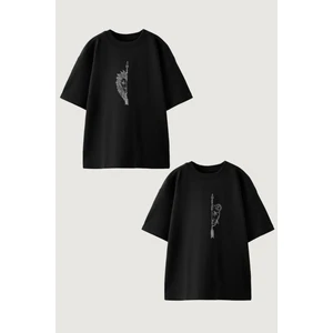 Kadın Erkek Unisex Aslan Sevgili Çift Kombini Oversize Siyah Tshirt 2'li Takım