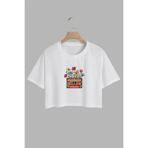 Kadın Cicekli Kaset Tasarım Baskılı Pamuk Beyaz Oversize Crop