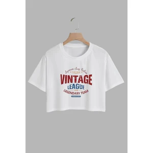 Kadın Vıtage League Tasarım Baskılı Pamuk Beyaz Oversize Crop