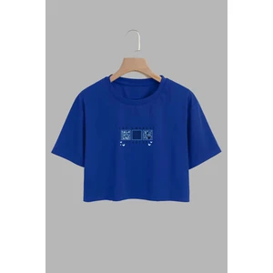 Kadın Nıght Wear Tasarım Baskılı Pamuk Saks Mavi Oversize Crop