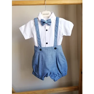 Concept Kids Papyonlu 3'lü Şortlu Mavi Erkek Bebek Salopet Takım Özel Gün Kıyafeti Düğün Bebek Hediyesi