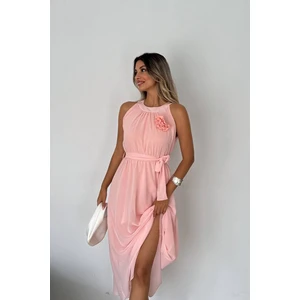 Neşeli Butik Kadın Gül Broş Detaylı Uzun Şifon Elbise NBK2144